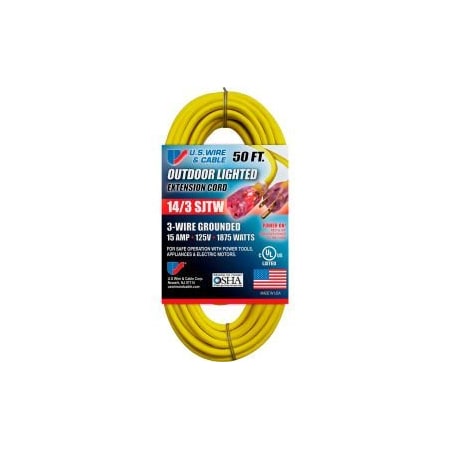 U.S. Wire & Cable SJTW Extension Cord, 14 AWG, Outdoor, 14/3, 1 Outlets, 5-15R, Yellow, Vinyl, 5-15P, 50 ft 73050